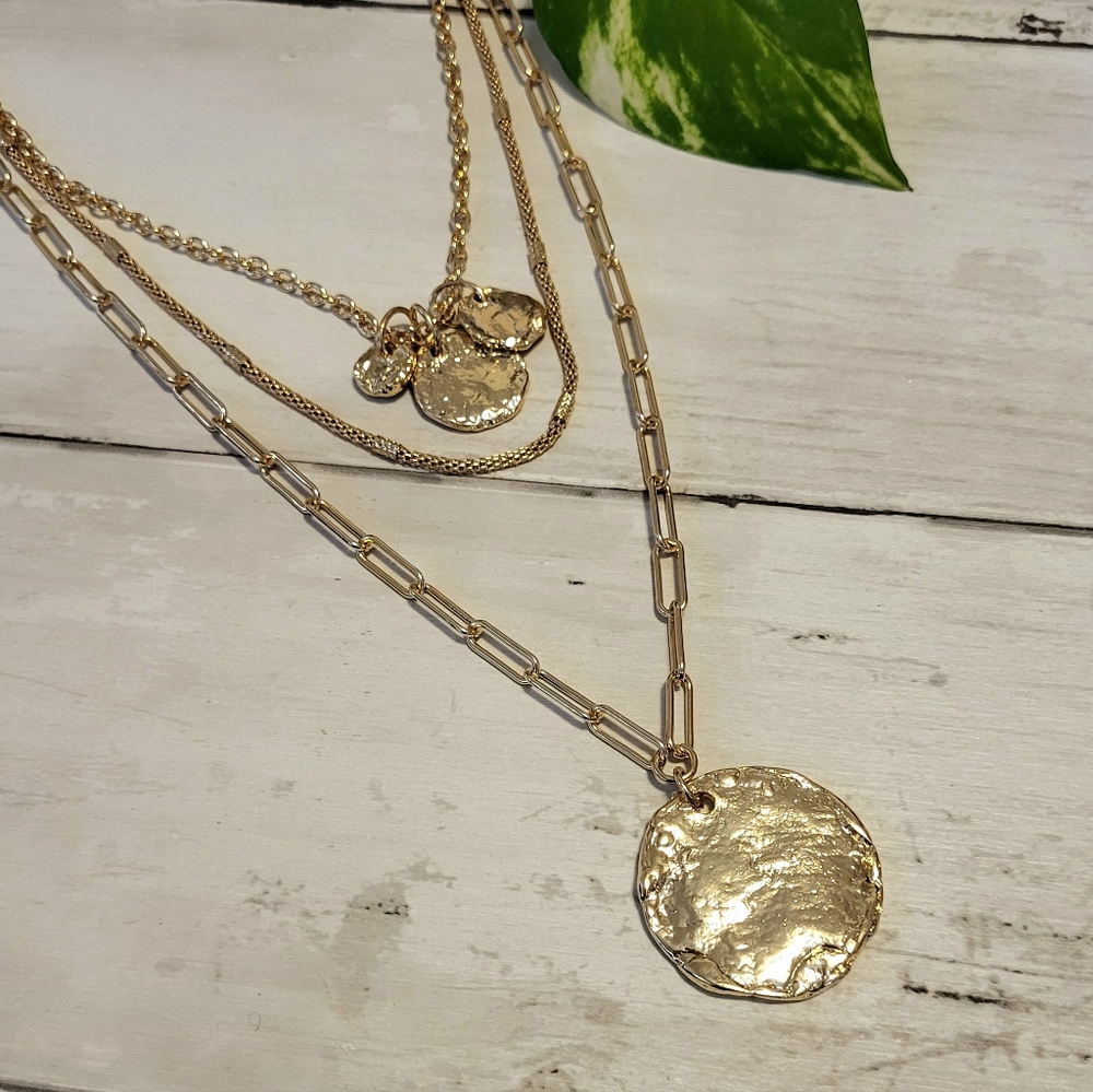 3 In 1 Hammered Gold Coin Layered Chains Necklace